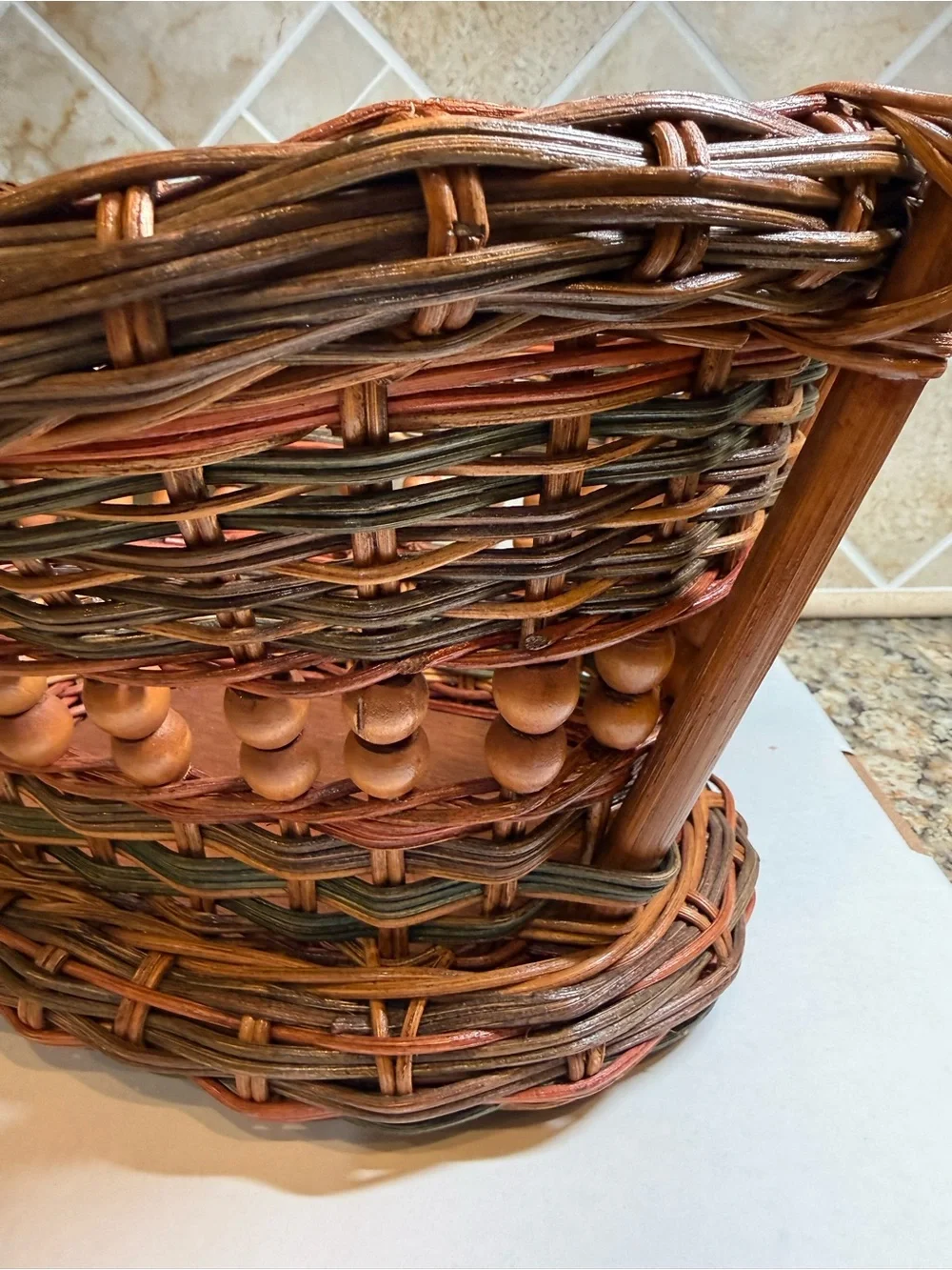 Vintage Woven Wicker Rattan Basket Wood Bead Double Handles Farmhouse Decor